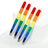 Angled view of four rainbow-striped tweezers, each featuring red, orange, yellow, green, blue, and indigo bands, with shiny silver metal tips, arranged diagonally on a white surface.