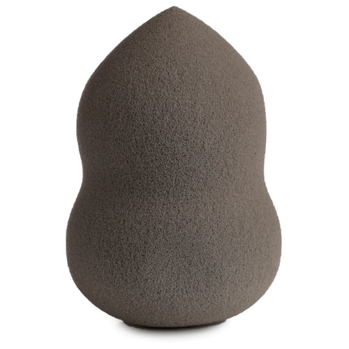 Full view of a grey, porous makeup blender sponge with a pointed top and rounded base, on a white background.