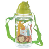 Front view of a clear children's water bottle with a bright lime green pop-up lid, integrated straw, and matching fabric carry strap. It displays a colourful zoo animal design featuring a giraffe, monkey, and parrot.