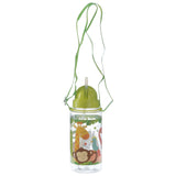 Front view of a clear children's water bottle with a lime green lid and integrated straw, featuring a colourful zoo animal design including a monkey, giraffe, parrot, and flamingo, and a green fabric carry strap.