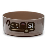 Angled view of a round light brown bento lunch box component, featuring a dark brown Pusheen cat sushi graphic on its side.