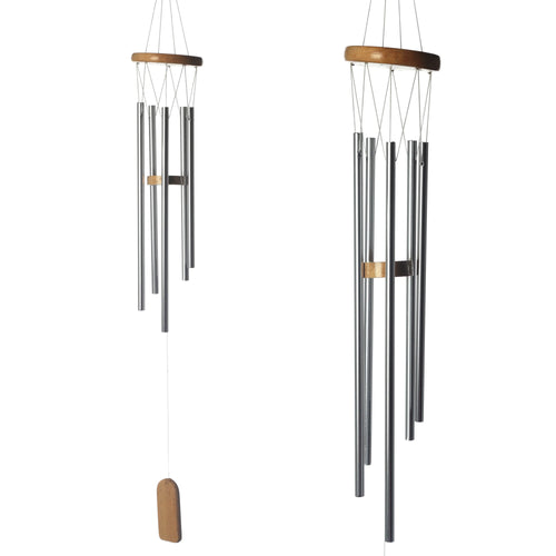 Full-length view of two metal garden wind chimes. Each chime has a natural wooden top, silver-coloured tubes of varying lengths, a wooden striker, and an oblong wooden wind catcher, all against a plain white background.