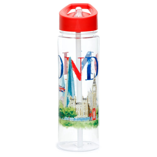 Clear 550ml reusable water bottle with a red flip straw lid, displaying a vibrant London cityscape illustration featuring Big Ben, The Shard, and a red telephone box.