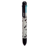 Front view of a white multi-colour pen with a black panda pattern, featuring a black top with six coloured clickers and a black tip.