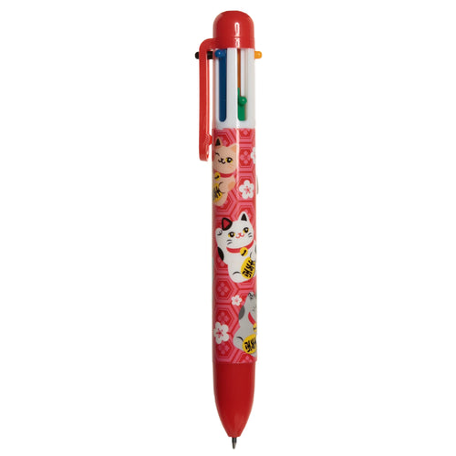 Upright red and pink multi-coloured pen, decorated with Maneki Neko lucky cats, gold coins, and white cherry blossom patterns, showing six colour selection buttons and a red clip.