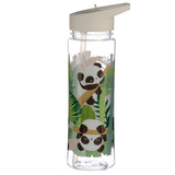 Reusable clear water bottle with a cream flip straw, adorned with a colourful design of two black and white pandas climbing amongst green bamboo and tropical foliage.