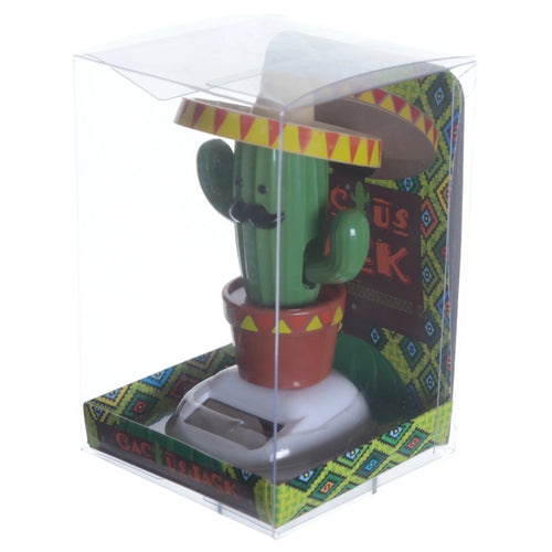 Front view of a Fun Collectable Cactus wearing Sombrero Solar Powered Pal, a green cactus figure with a mustache in a terracotta pot on a solar base, displayed in clear retail packaging with a colorful geometric pattern.
