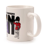 Angled view of a white porcelain mug, with its C-shaped handle prominent on the right. The mug features a design depicting a Stormtrooper in a red Royal Guard uniform holding a rifle, a partially visible Stormtrooper in a purple robe and gold crown, and the text 'The Original Stormtrooper' next to a large black letter 'N'.