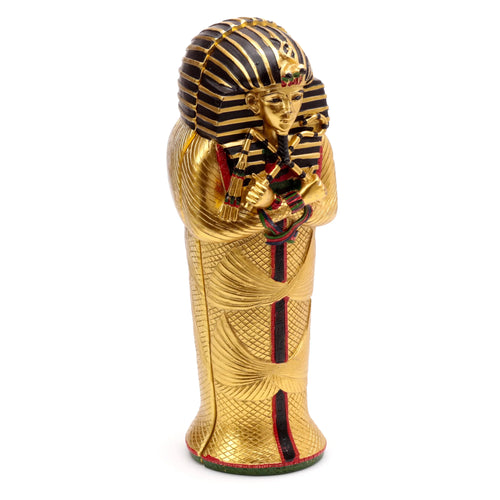 Front view of a decorative golden Egyptian Tutankhamen sarcophagus trinket box with black, red, and green details.