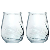 Set of two clear glass tumblers, each featuring an embossed skeletal hand design, presented side-by-side.