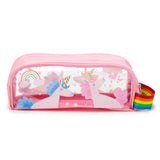 Front view of a pink clear window pencil case, detailed with two unicorns, a rainbow, and stars, and a rainbow-coloured side loop.