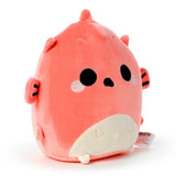 Angled front view of a coral pink Squidglys Puff the Pufferfish Adormals Ocean plush toy, with black embroidered eyes, a small mouth, and a cream-coloured belly.
