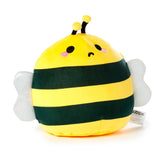 Front view of a plump, yellow and dark green striped plush toy bee, featuring two glittery iridescent wings, a cute embroidered face with black eyes, small mouth, and pink blushes, and two yellow-tipped black antennae.