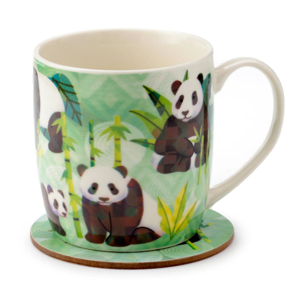 Angled view of a porcelain mug and coaster set, decorated with a panda and bamboo design on a light green background. The mug features a cream interior and handle, with the matching coaster positioned underneath.