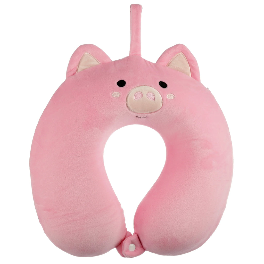 Front view of a pink plush pig-shaped memory foam travel pillow, featuring embroidered facial details, ears, a hanging loop, and a fastening popper.