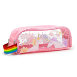 Front view of a pink clear window pencil case, adorned with unicorn, rainbow, and cloud designs, featuring a rainbow-coloured fabric handle.