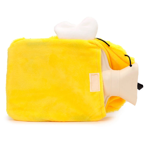 Angled view of a yellow plush hot water bottle cover, designed as a bumble bee with white fluffy wings and black antennae, revealing the cream-coloured bottle neck.