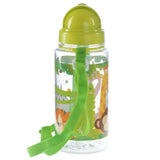 Angled view of a children's clear plastic water bottle with a lime green lid, an attached green fabric strap, and a colourful zoo animal print featuring a tiger, crocodile, giraffe, and monkey.