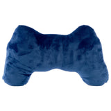 Full profile view of a fun, deep blue plush game controller cushion.