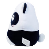 Angled view of a Susu plush panda toy, showing its round white and black body, one visible black ear, and a fluffy white tail. The side of its face is visible, featuring a large black eye patch with a curved eye and a small pink nose and mouth.