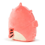 Angled view of a soft, squishy peach-pink pufferfish plush toy with a cream-coloured belly, small fins, and a black-lined tail fin.