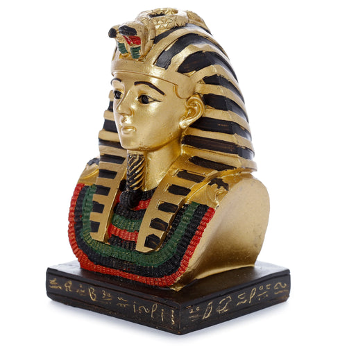 Angled front view of a decorative gold and black striped Egyptian Tutankhamen bust figurine, featuring a nemes headdress with a cobra, a colorful collar, and a dark base with gold hieroglyphs.