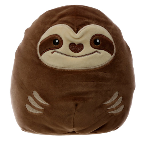 Front view of a plush brown sloth cushion, featuring a cream-coloured face with black eyes and an embroidered heart-shaped nose, on a white background.