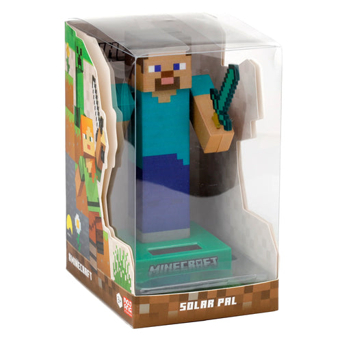 Front-left view of a licensed Minecraft Steve Solar Pal figurine in clear display packaging, holding a green sword.