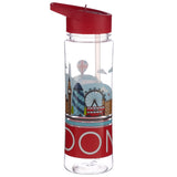 Front view of a clear reusable water bottle with a red flip straw lid and clear internal straw. It features a colourful London skyline illustration, including Big Ben, the London Eye, a red double-decker bus, and a Union Jack hot air balloon. The word 'LONDON' is partially visible on a red band towards the bottle's base.