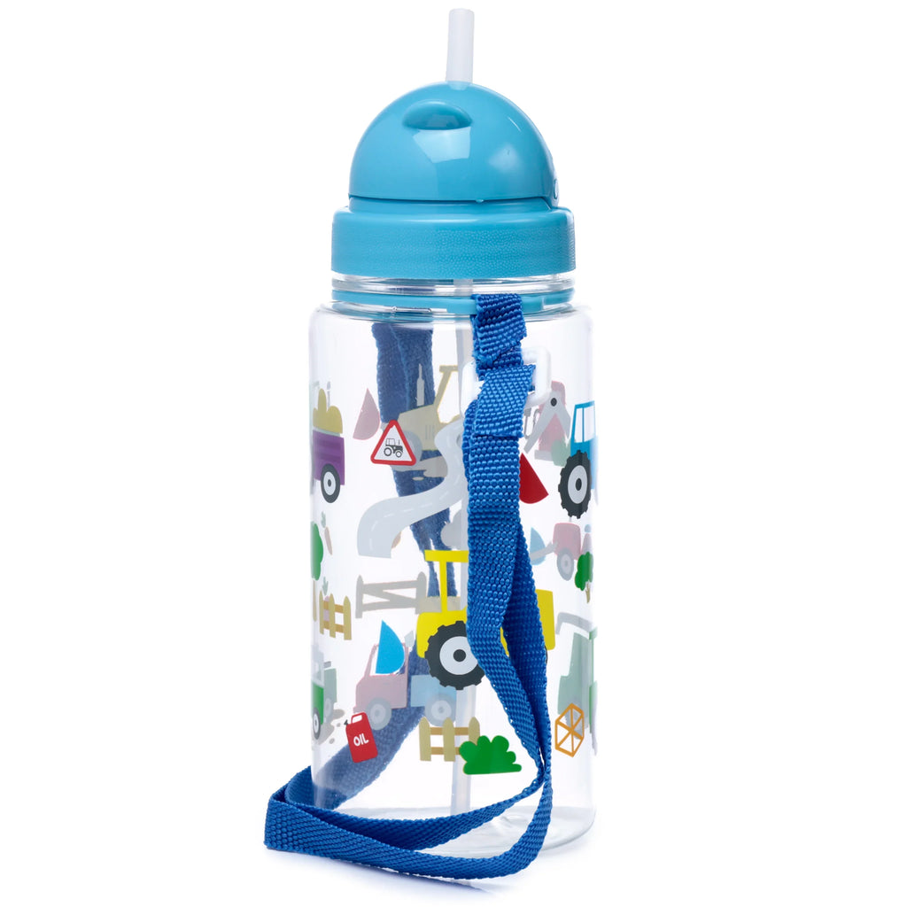Angled view of a clear children's water bottle with a blue domed lid, white straw, and a blue fabric strap, featuring a colourful little tractors farm vehicle pattern.
