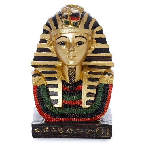 Front view of an 11cm decorative gold Egyptian Tutankhamen bust ornament, featuring a black striped headdress, a red, black, and green broad collar, and hieroglyphic details on the base.