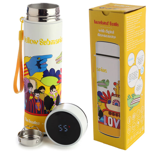 Angled shot of a white reusable stainless steel insulated drinks bottle with a colourful Yellow Submarine Beatles design, its detached digital thermometer lid showing 55°C, a separate stainless steel infuser, and a yellow retail box.