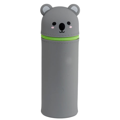 Front view of an upright grey silicone koala pencil case. It features a black nose, black eyes, pink cheeks, and grey ears with lighter grey insides. A bright lime green zipper is visible horizontally across the upper body.