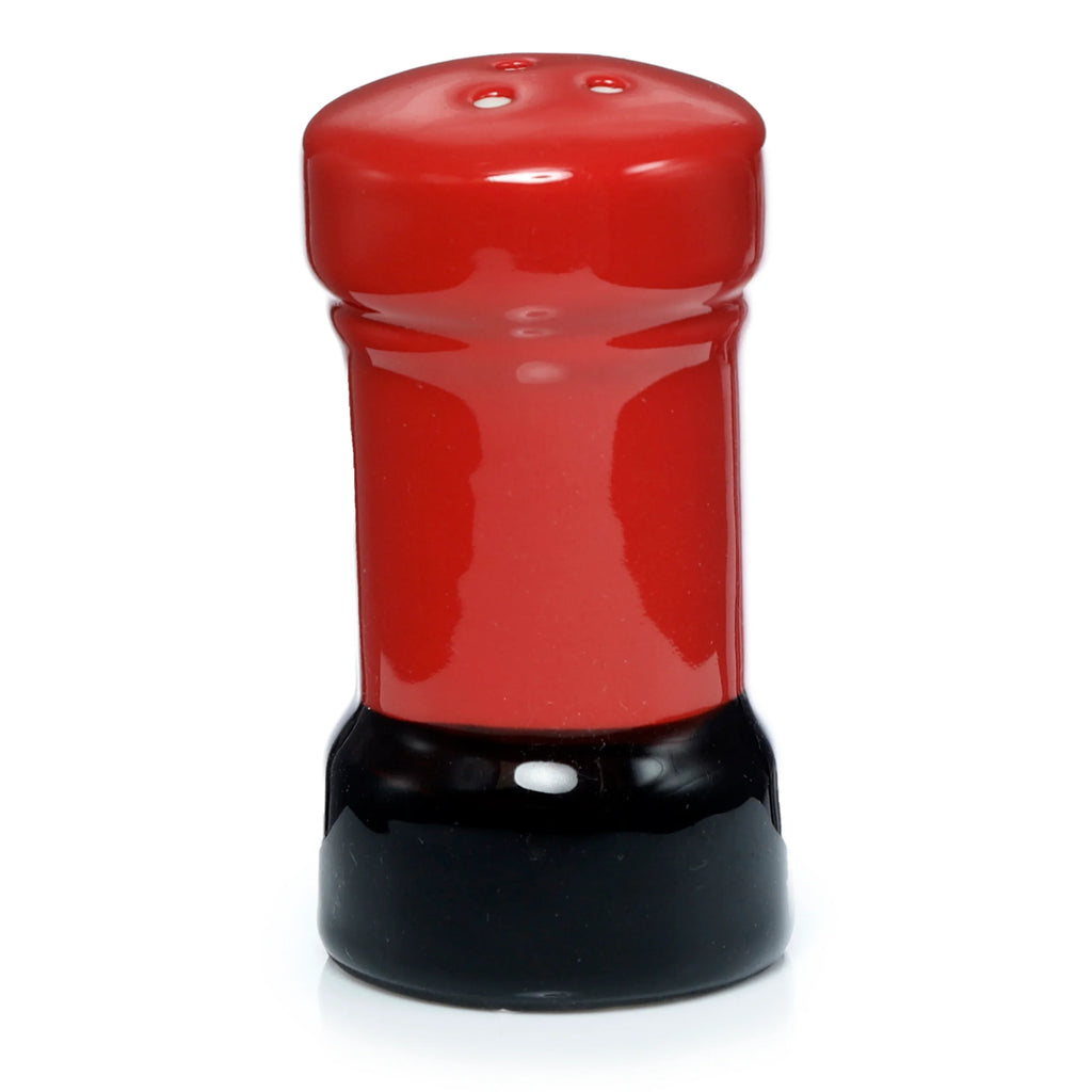 Upright view of a novelty ceramic letterbox salt shaker, featuring a glossy red top with three shaker holes and a black base.