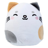 Front view of a white, grey, and orange patterned cat plush toy with an embroidered face, pink cheeks, and whiskers.