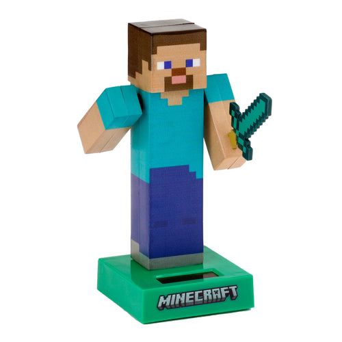 Front view of a Minecraft Steve collectible solar pal figurine holding a pixelated green sword, standing on a green base with the Minecraft logo and a solar panel.