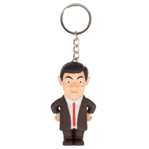 Front view of a Mr Bean character keyring, showing the figure dressed in a brown suit, white shirt, and red tie.
