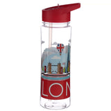 Clear reusable water bottle with a red flip-straw lid and a colourful London skyline illustration. Visible landmarks include Tower Bridge, The Shard, a Union Jack hot air balloon, and a red telephone box. A red band below the illustration features 'LON' in white lettering.