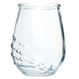 Angled view of a clear glass tumbler, featuring an embossed skeleton hand design.
