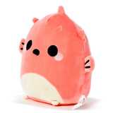 Front view of a soft coral pink and cream pufferfish plush toy with embroidered eyes and fins.