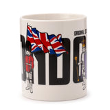 Angled view of a white porcelain mug, featuring a waving Union Jack flag design, a stylised Stormtrooper dressed as a Royal Guard in a red uniform, and a crowned Stormtrooper in a purple robe holding a sceptre. Partial black text 'LOND' and 'ORIGINAL ST' are also visible.