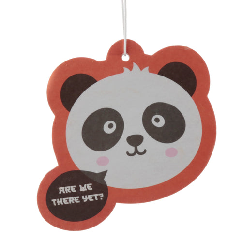 Front view of an Adoramals panda head air freshener, depicting a white panda face with black eyes, nose, and pink cheeks, framed by a reddish-orange coloured outline. A black speech bubble with white text 'ARE WE THERE YET?' extends from the bottom left, and a white hanging string is visible at the top.