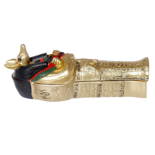Front view of the detailed Gold Egyptian Anubis Sarcophagus Trinket Box, closed.