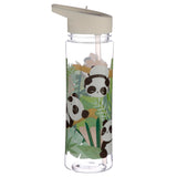 Clear reusable water bottle with a cream flip straw lid, featuring a decorative illustration of pandas amidst green jungle foliage.