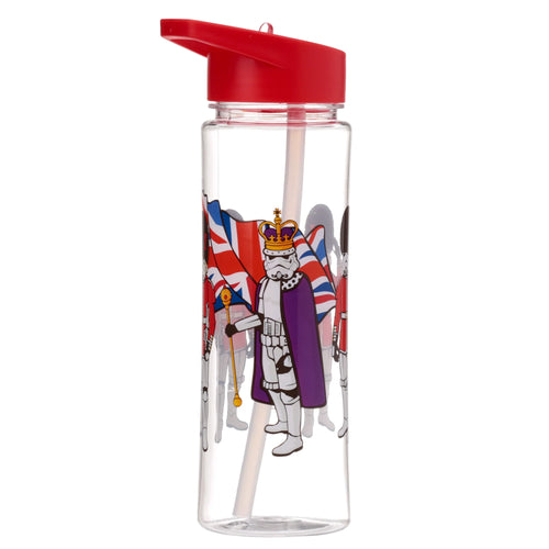 Front view of a clear water bottle with a red flip straw lid, featuring a graphic of a crowned Stormtrooper in a purple cape, holding a staff, with a Union Jack flag and Queen's Guards in the background.