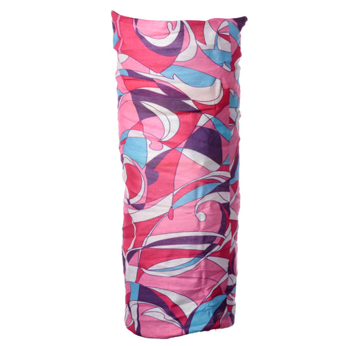 Vertical display of a pink patterned neck warmer tube scarf featuring abstract designs in shades of pink, purple, blue, and white.