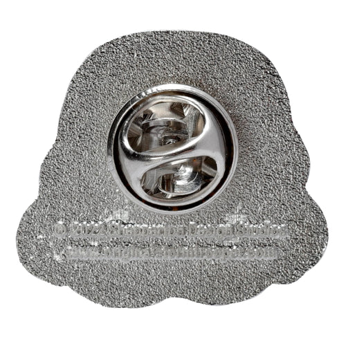 Back view of a Novelty Stormtrooper Helmet enamel pin badge, showing its textured silver-coloured surface and a central butterfly clutch pin fitting. Faint raised text is visible below the fitting.