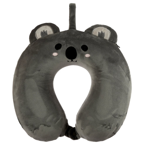 Front view of a grey plush koala memory foam travel pillow. It features embroidered black eyes, a black nose, pink cheeks, and two soft grey ears with lighter inner details. A fabric hanging loop is visible at the top.