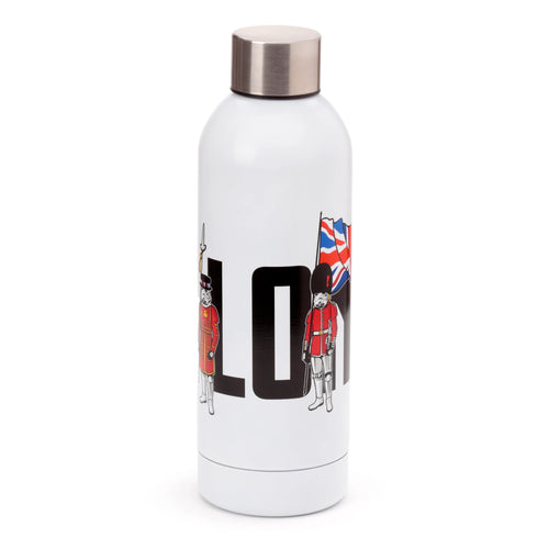 Angled view of a white reusable stainless steel insulated drinks bottle with a silver-coloured cap, depicting 'Stormtroopers' in British-themed uniforms, a Union Jack flag, and 'LONDON' text.