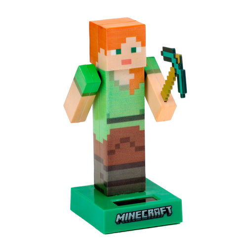 Front view of a pixelated Minecraft Alex Solar Pal collectable figure with orange hair, green top, and brown trousers, holding a pickaxe, standing on a green base featuring a solar panel and the Minecraft logo.